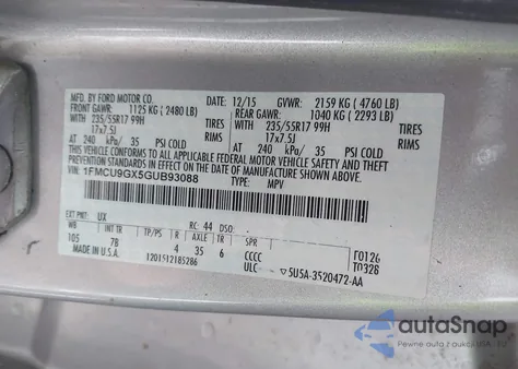 2016 Ford Escape Se from USA, damaged, VIN 1FMCU9GX5GUB93088